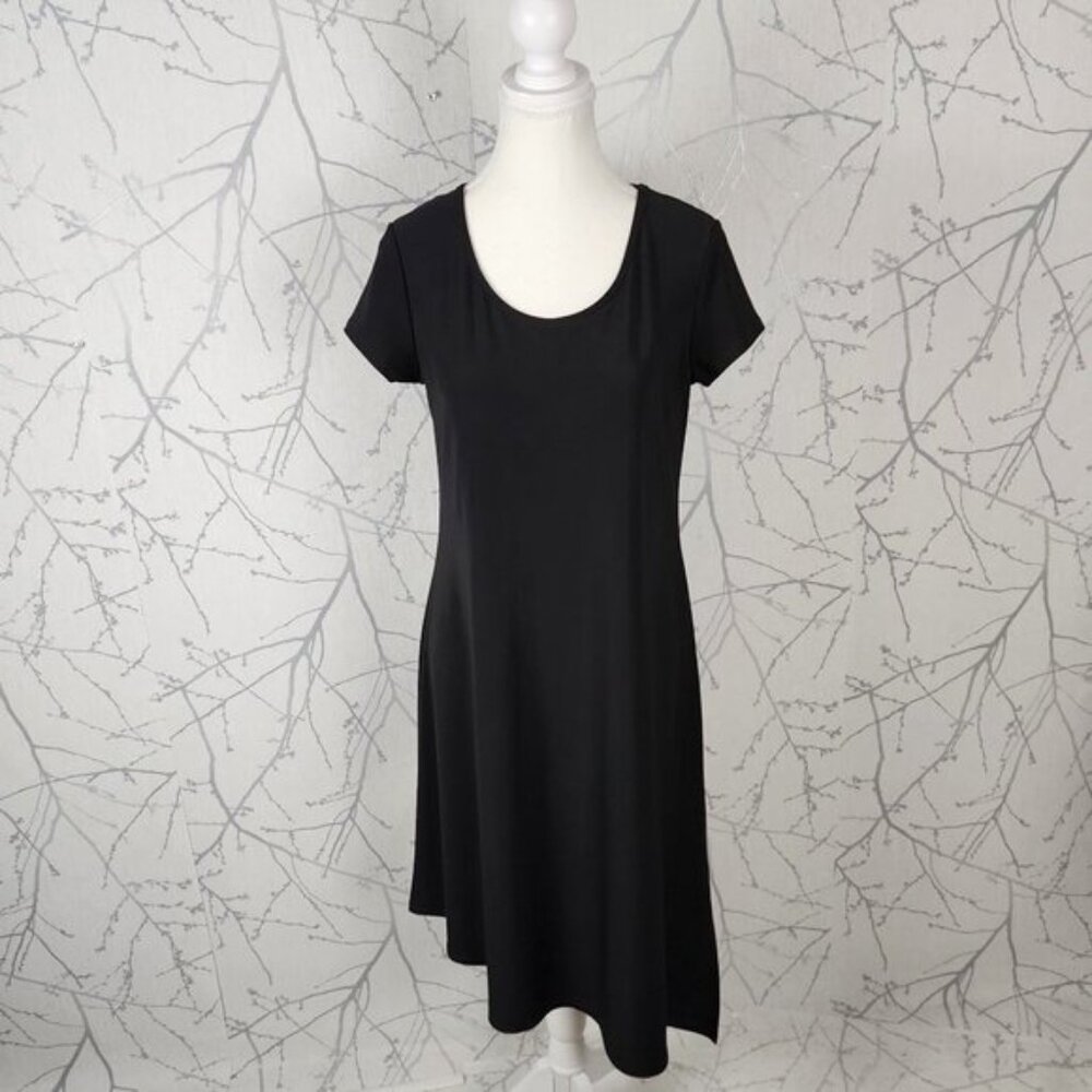 Compli K Black Stretch Knit Round Neck Asymmetrical Flowy Midi Dress